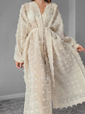 Momentlover Tied Waist Split-Side Solid Color See-Through Mesh Jacquard Loose Long Sleeves V-Neck Maxi Dresses