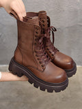 Momentlover Vintage Cow Leather Mid Heels Height Boots