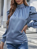 Momentlover Split-Joint Pleated Hollow Elasticity Puff Sleeves Loose Stand Collar Blouses
