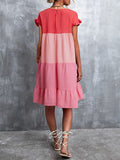 Momentlover Split-Joint Pleated Falbala Contrast Color Ruffle Sleeves Loose Round-Neck Mini Dresses