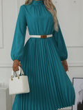 Momentlover Solid Color Pleated No Belt Hollow Elasticity Buttoned Puff Sleeves Loose High Neck Midi Dresses