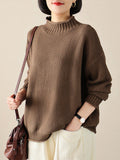 Momentlover Casual Loose Long Sleeves Solid Color High-Neck Sweater Tops