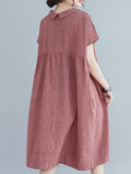Momentlover Artistic Retro Loose Plaid Buttoned Lapel Collar Midi Dress