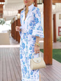 Momentlover Split-side Split-Joint Flower Print Three-quarter Sleeves Loose Deep V-Neck Midi Dresses