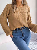 Momentlover Cable-Knit Round Neck Drop Shoulder Sweater