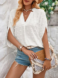 Momentlover Solid Color Jacquard Loose Half Sleeves V-Neck T-Shirts Tops