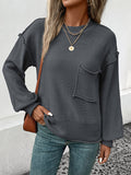 Momentlover Split-Joint Solid Color Pockets Loose Long Sleeves Round-Neck Sweater Tops Pullovers