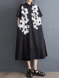 Momentlover Flower Print Buttoned Asymmetric Short Sleeves Loose Lapel Shirt Dress Midi Dresses