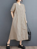 Momentlover Solid Color Pockets Buttoned Short Sleeves Loose V-Neck Midi Dresses
