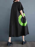 Momentlover Printed Pockets Contrast Color Short Sleeves Loose Round-Neck Midi Dresses