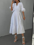Momentlover Solid Color Pleated Elasticity Loose High Waisted V-Neck Midi Dresses