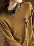 Momentlover Pockets Contrast Color Loose Long Sleeves High Neck T-Shirts Tops