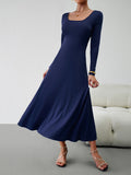 Momentlover Tied Waist Solid Color Skinny Long Sleeves U-Neck Midi Dresses