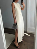 Momentlover Loose Sleeveless Solid Color Split-Side Round-Neck Maxi Dresses