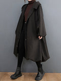 Momentlover Solid Color Pockets Buttoned Loose Long Sleeves Hooded Woolen Coat