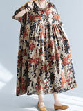 Momentlover Floral Printed Short Sleeves Puff Sleeves Round-Neck Midi Dresses