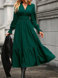 Momentlover Solid Color Pleated Elasticity Loose Long Sleeves V-Neck Midi Dresses