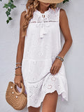 Momentlover Split-Joint Solid Color Lace-Up Hollow Sleeveless Loose Round-Neck Mini Dresses