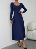 Momentlover Tied Waist Solid Color Skinny Long Sleeves U-Neck Midi Dresses
