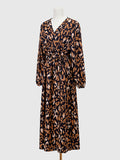 Momentlover Split-Side Leopard Elasticity Drawstring Puff Sleeves Loose V-Neck Midi Dresses