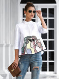 momentlover Casual High-Low Loose Printed Stand Collar Blouses&Shirts Tops