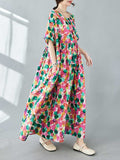 Momentlover Split-Joint Printed Polka-Dot Pleated Loose Half Sleeves Round-Neck Midi Dresses