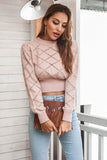 Momentlover Openwork Plaid Round Neck Cropped Sweater