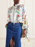 Momentlover Batwing Sleeves High-Low Buttoned Flower Print Mock Neck Blouses&Shirts Tops