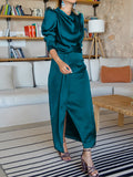 Momentlover Split-Front Solid Color Pleated Long Sleeves High Waisted Mock Neck Maxi Dresses
