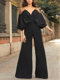 Momentlover Batwing Sleeves Loose Solid Color Split-Joint Deep V-Neck Jumpsuits Bottoms