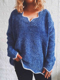 Momentlover Notched Dropped Shoulder Long Sleeve Sweater