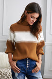 Momentlover Color Block High Neck Lantern Sleeve Pullover Sweater