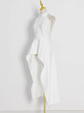 Momentlover Original Sleeveless Irregularity Solid Color High-Neck T-Shirt Top&Pleated Skirt Bottom Two Pieces Set
