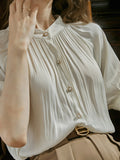 Momentlover Pleated Buttoned Short Sleeves Puff Sleeves Round-neck Blouses&shirts Tops