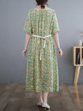 Momentlover Split-Joint Printed Pleated Hollow Short Sleeves Loose Round-Neck Midi Dresses