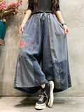 Momentlover Casual Wide Leg Loose Color-Block Bandage Embroidered Jean Pants Bottoms