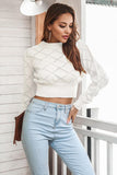 Momentlover Openwork Plaid Round Neck Cropped Sweater