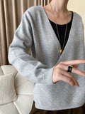 Momentlover Buttoned Asymmetric Loose Long Sleeves V-neck Sweater Tops