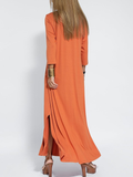 Momentlover Long Sleeves Loose Solid Color Split-Side V-Neck Maxi Dresses