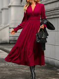 Momentlover Solid Color Pleated Elasticity Loose Long Sleeves V-Neck Midi Dresses