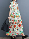Momentlover Split-Joint Printed Buttoned Short Sleeves Loose Stand Collar Midi Dresses