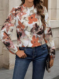 Momentlover Pleated Flower Print Elasticity Puff Sleeves Loose Mock Neck Blouses&Shirts Tops