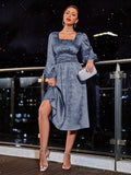 Vzyzv Floral Jacquard Knee Length Dress, Elegant Squared Neck Long Sleeve Dress, Women's Clothing