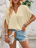 Momentlover Solid Color Jacquard Loose Half Sleeves V-Neck T-Shirts Tops