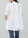 Momentlover Solid Color Pleated Bowknot Loose Half Sleeves Mock Neck Blouses&Shirts Tops