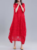 Momentlover Solid Color See-Through Flower Print Loose Half Sleeves Round-Neck Midi Dresses