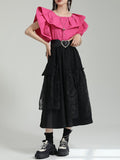 Momentlover Split-Joint Solid Color Pleated Falbala Short Sleeves Loose Round-Neck Blouses