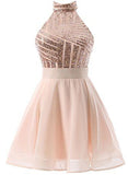 lemongor Beautiful Short Pink Sequins Knee Length Homecoming Dresses, Halter Teen Party Dress, Sequins Party Dress