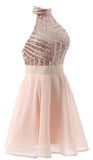 lemongor Beautiful Short Pink Sequins Knee Length Homecoming Dresses, Halter Teen Party Dress, Sequins Party Dress