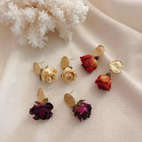 Momentlover Preserved Rose Bud Raindrop Flower Drop Stud Earrings